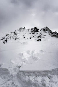 Scenic view of snow covered mountains against sky