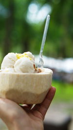 Close-up of hand holding ice cream