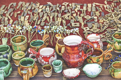 High angle view of crockery on wooden table