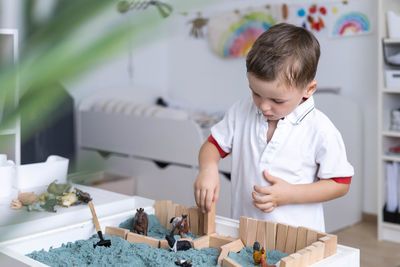 Side view of boy playing with toys at home