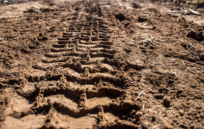 Full frame shot of tire tracks on sand