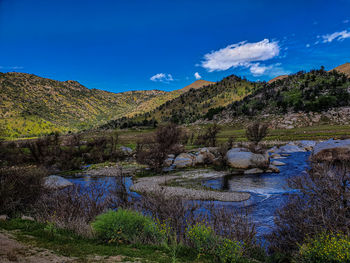 Scenic view of green landscape against blue sky