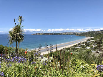 Scenic view of sea against blue sky