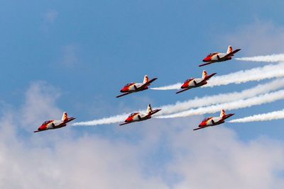 Low angle view of fighter planes flying against sky