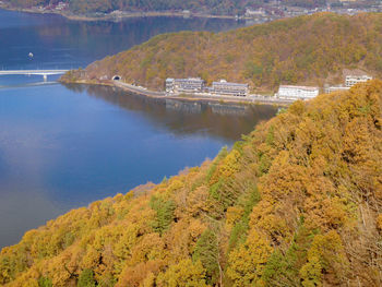 High angle view of lake amidst trees during autumn