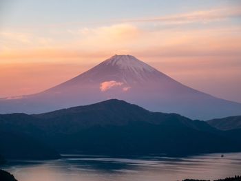 Scenic view of snowcapped mountains against sky during sunset