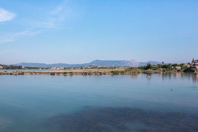 Scenic view of lake against blue sky
