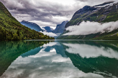 Scenic view of lake and mountains against sky