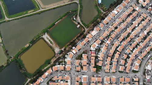 High angle view of old buildings in town