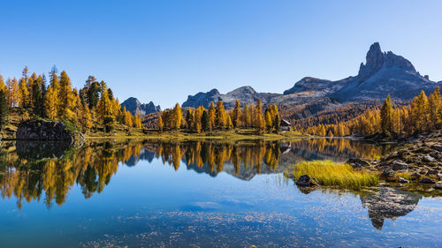 Scenic view of lake and mountains against clear sky