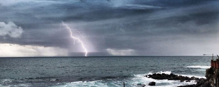 Scenic view of sea against storm clouds