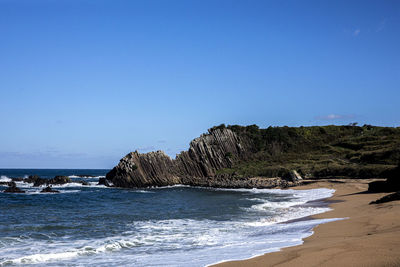 Scenic view of sea against clear blue sky