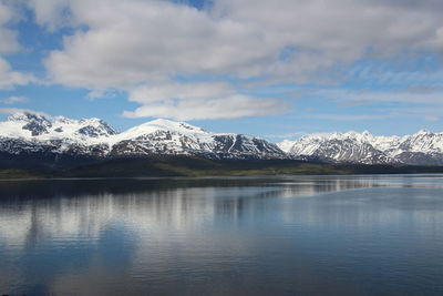 Scenic view of snow covered mountains against sky