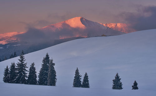 Scenic view of snowcapped mountains against sky during winter