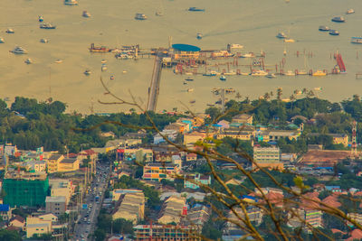 Aerial view of town against sky