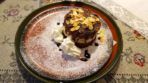 High angle view of dessert in plate on table