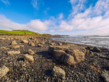 Scenic view of beach against blue sky