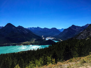 Scenic view of mountains against clear blue sky