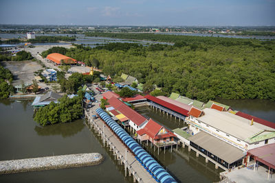 High angle view of boats in sea