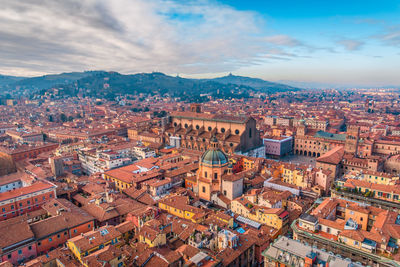 High angle view of townscape against cloudy sky