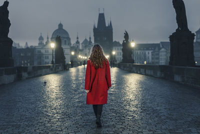 Rear view of woman standing on bridge against buildings in city