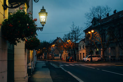 Illuminated street light by building at night