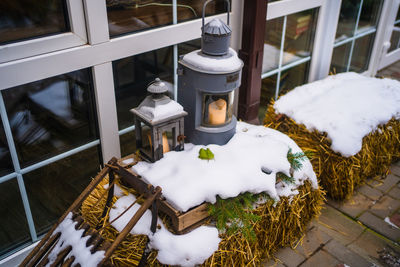 High angle view of snow on table