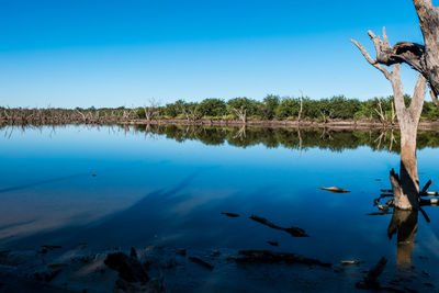 Scenic view of calm lake with reflection against clear blue sky