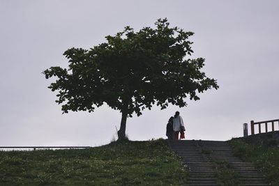 Rear view of man on tree against sky