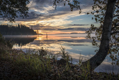 Scenic view of lake against sky at sunset