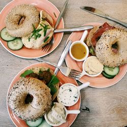 High angle view of breakfast served on table