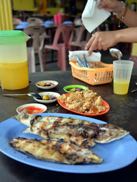 High angle view of food served on table