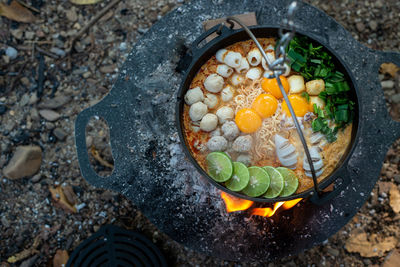 High angle view of food on barbecue grill