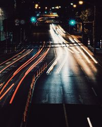 Light trails on road in city at night