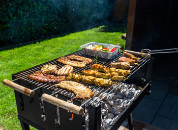 Different types of meat fried on the home grill, standing on a home garden on the paving stone.