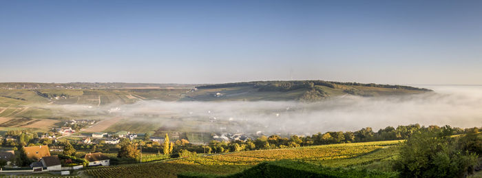 Mist rolling in between the hills at sancerre, france