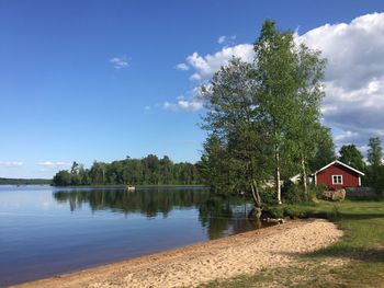 Scenic view of lake by building against sky