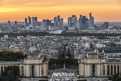 Aerial view of la defense in paris at sunset