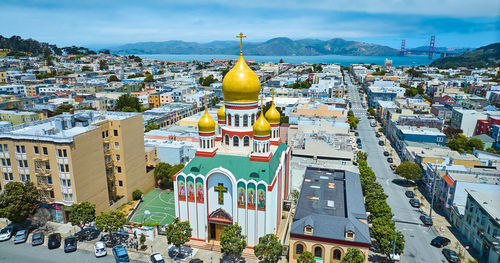 High angle view of buildings in city