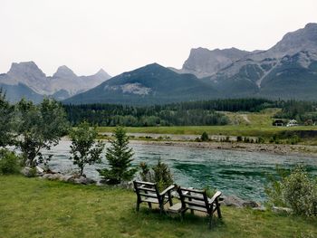 Scenic view of lake and mountains against clear sky