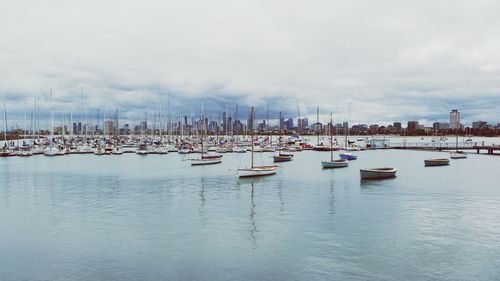 Boats moored at harbor against sky