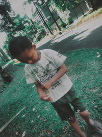 High angle view of man standing by plants