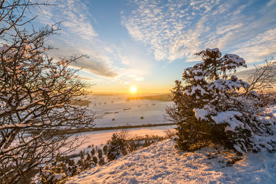 Scenic view of snowcapped mountains against sky during sunset