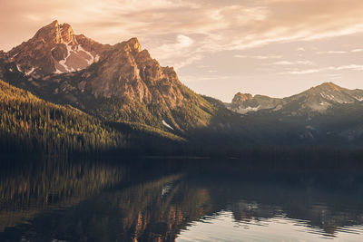 Scenic view of lake and mountains against sky during sunset