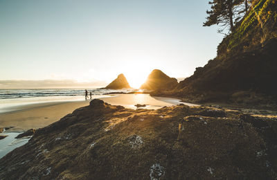 Scenic view of beach against sky during sunset