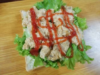 High angle view of food served on table