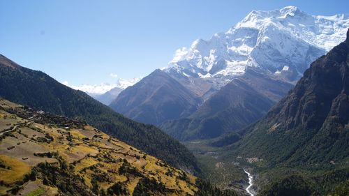 Scenic view of snowcapped mountains against sky