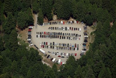 Aerial view of cars parked on road amidst trees