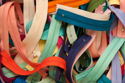 Full frame shot of colorful zippers