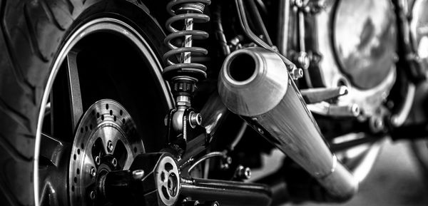 Close-up of motorcycle parts at workshop